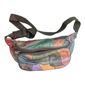 Vintage‎ Y2K Patchwork Leather Fanny Pack 🎨 Boho Festival Bum Bag Crossbody
